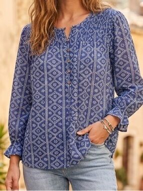 grand & greene Blue Patterned Peasant Blouse Size M (Fits Up To Large)